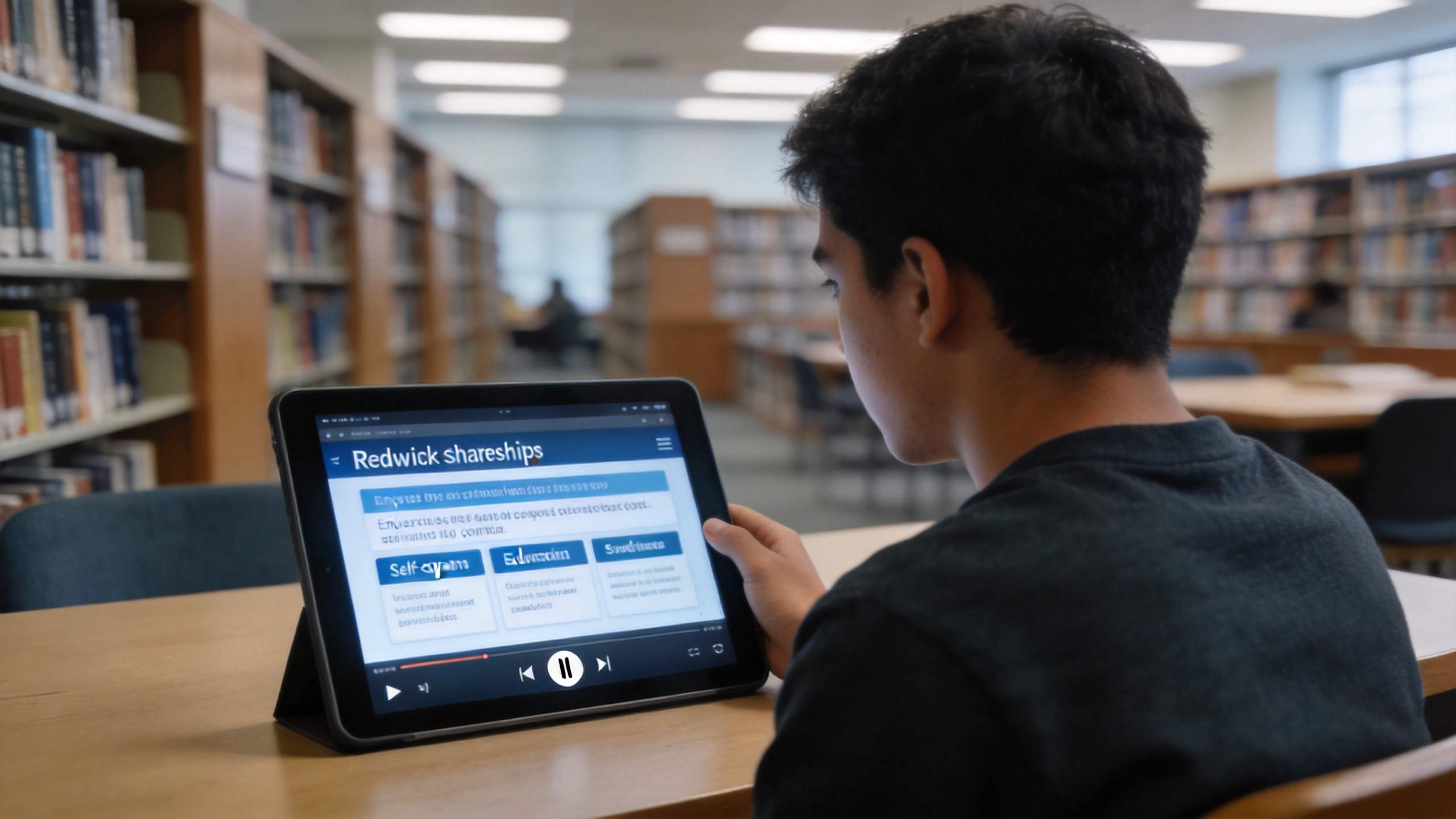 Student watching a slideshow on a tablet in a library