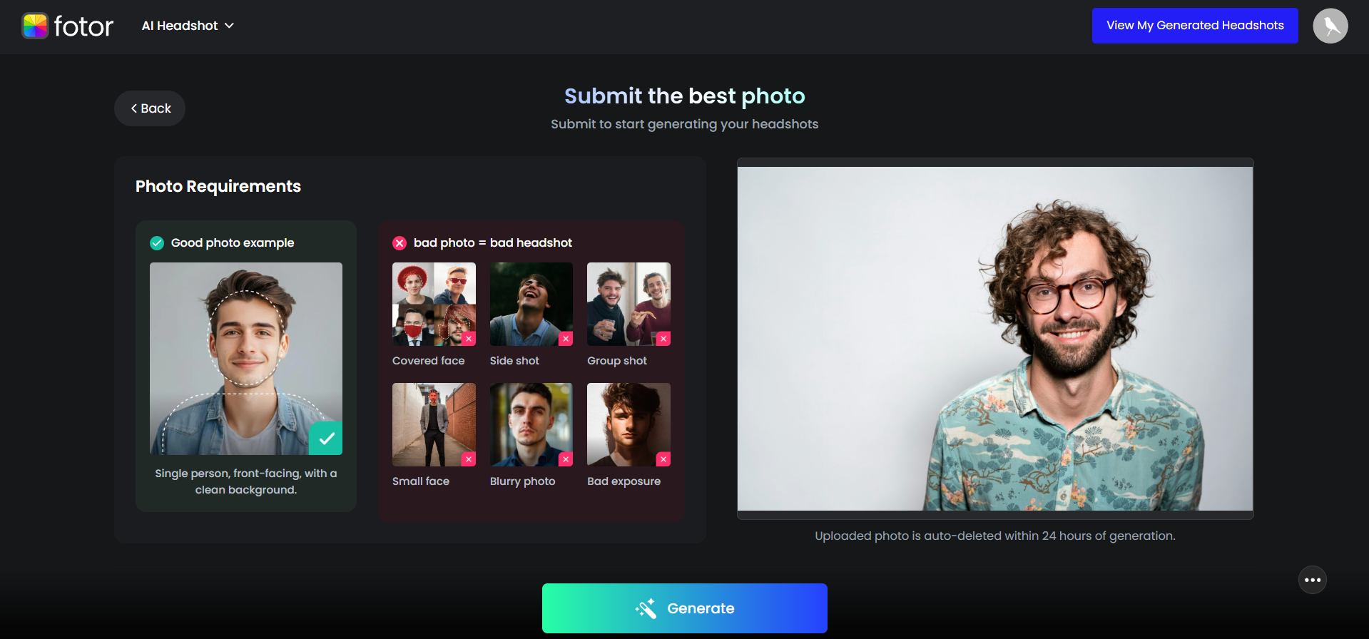 Fotor AI headshot generator interface