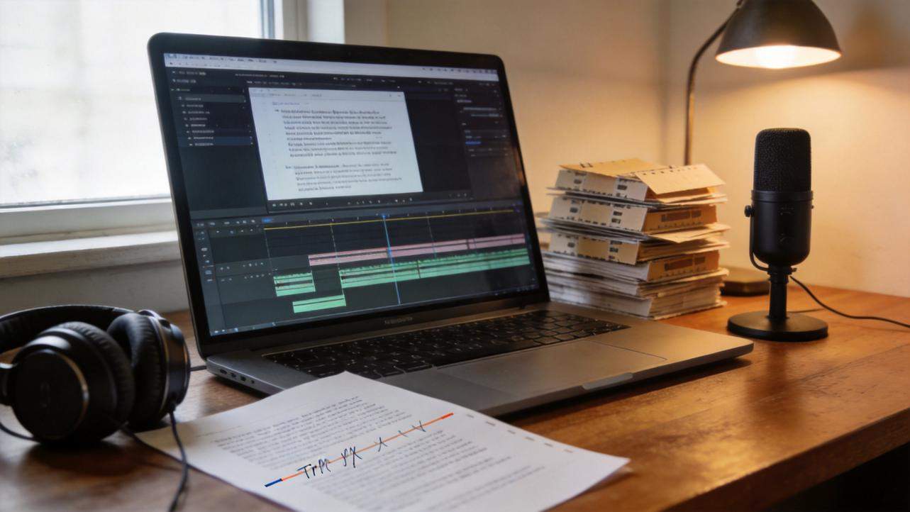 Laptop on a desk with video editing software, microphone, headphones, and paper stacks