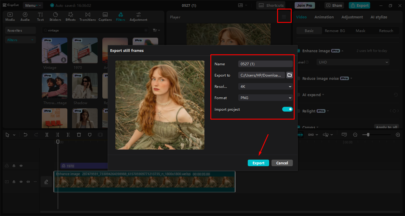Exporting the final image from the CapCut desktop video editor