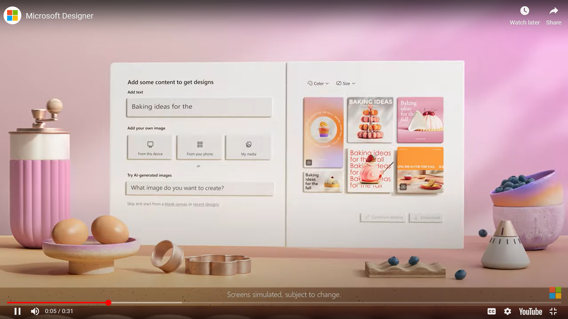 Microsoft Designer's YouTube advertising example with colorful animations