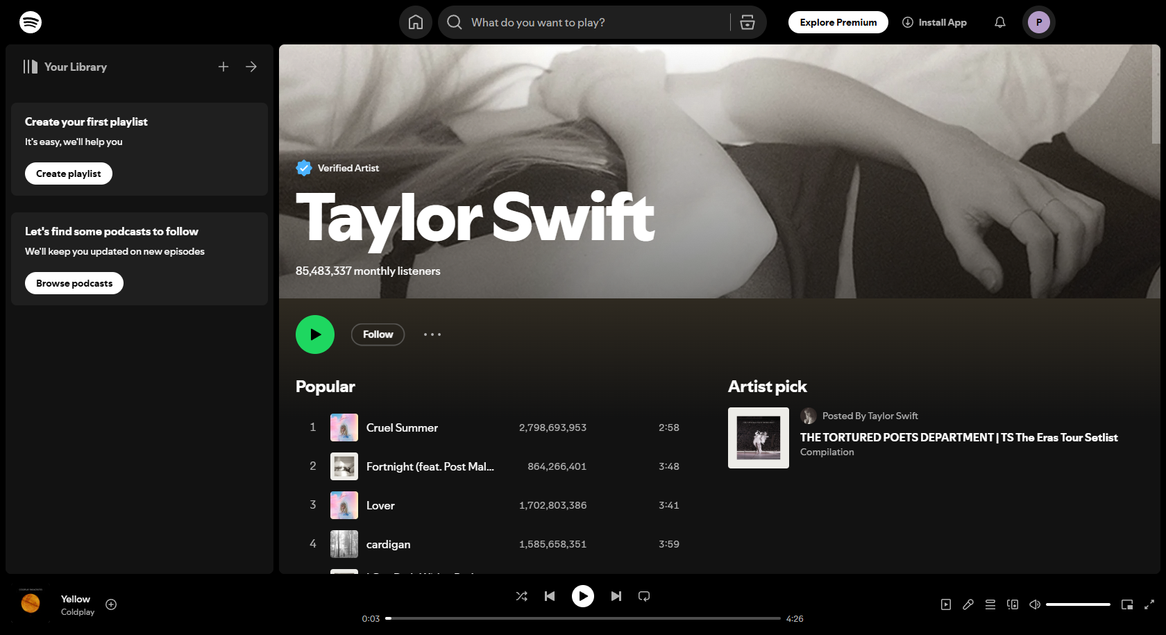 Taylor Swift Spotify gränssnitt