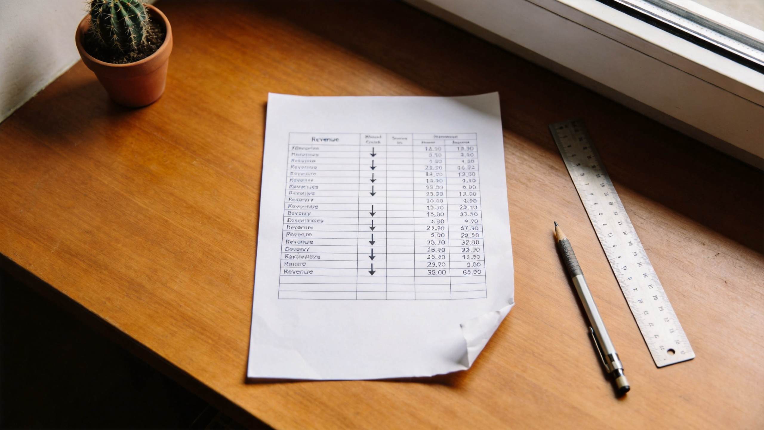 Paper revenue table on a desk beside a pencil, ruler, and small cactus