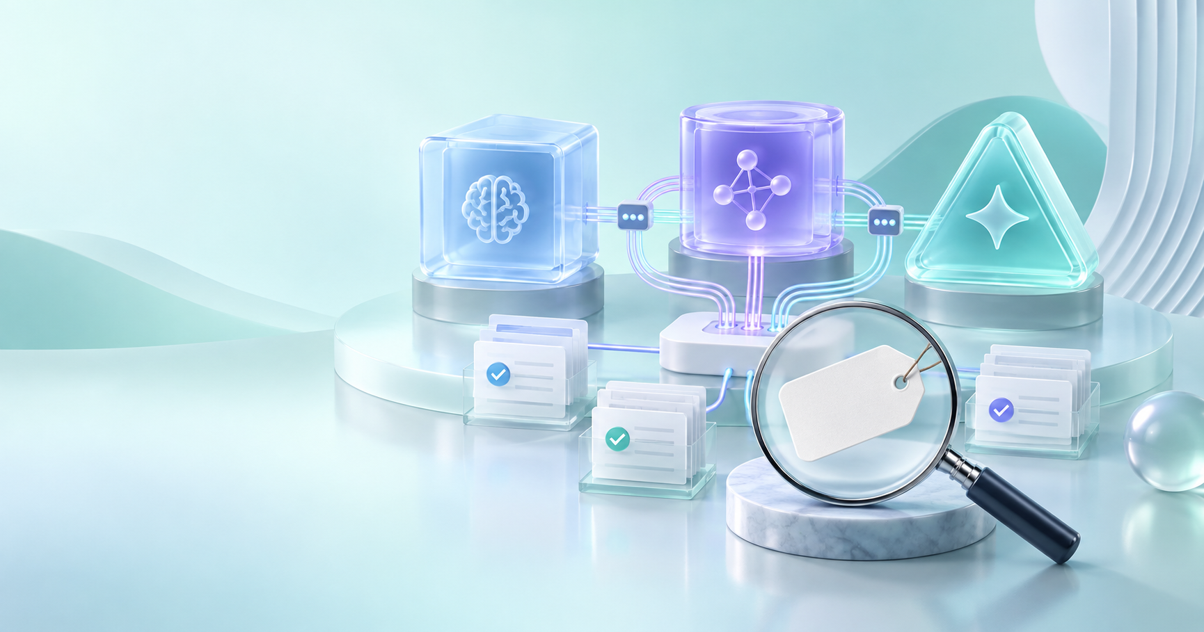 Three abstract AI model modules connected by routing lines, with evidence cards and a magnifying glass checking an unmarked label.