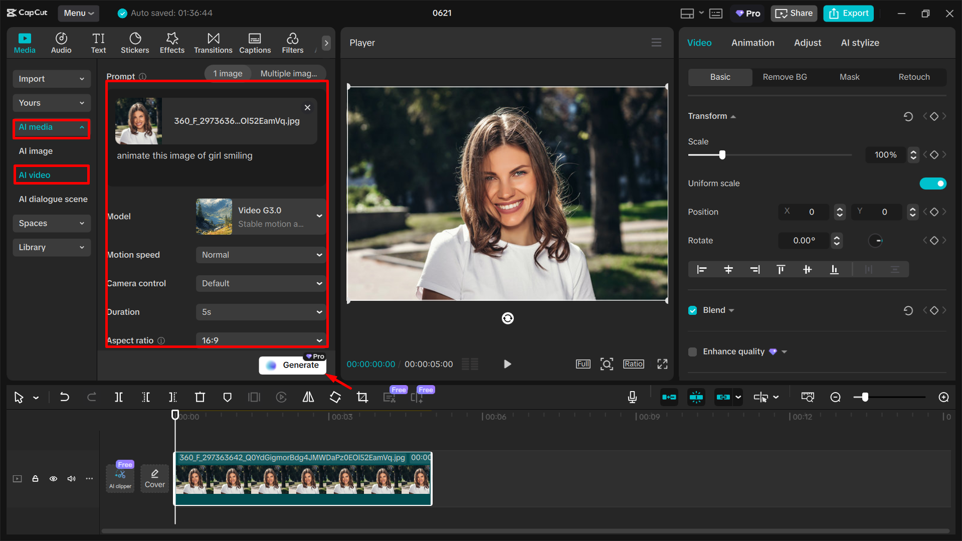 Accessing the image-to-video tool in the CapCut desktop video editor