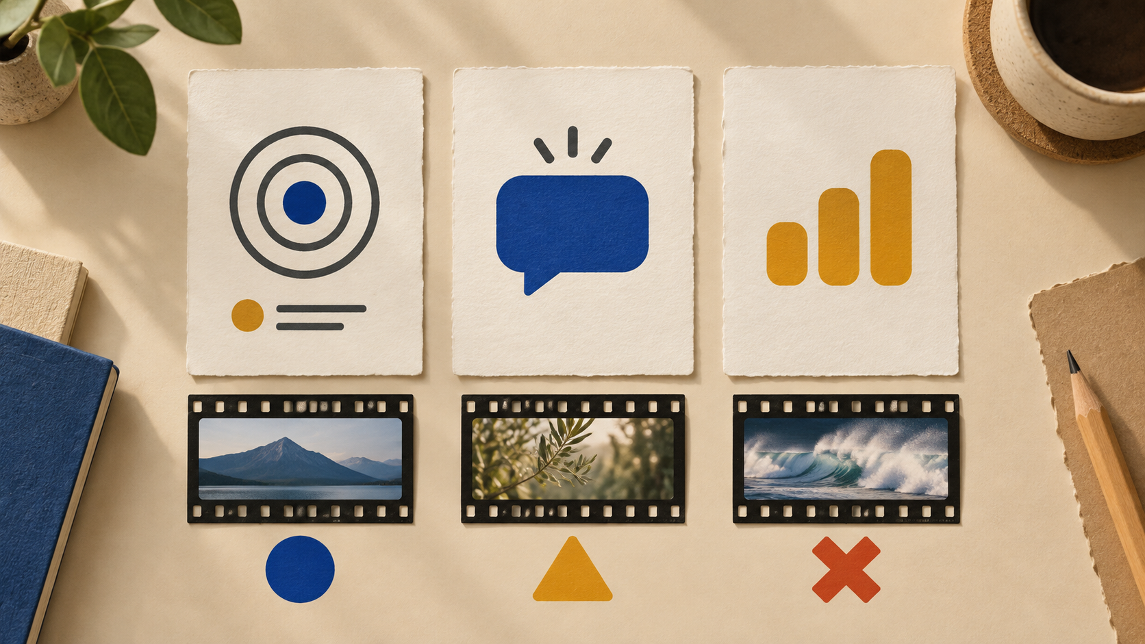 Three physical cards and three film fragments show how relevance clarity and pacing lead to a keep revise or cut decision
