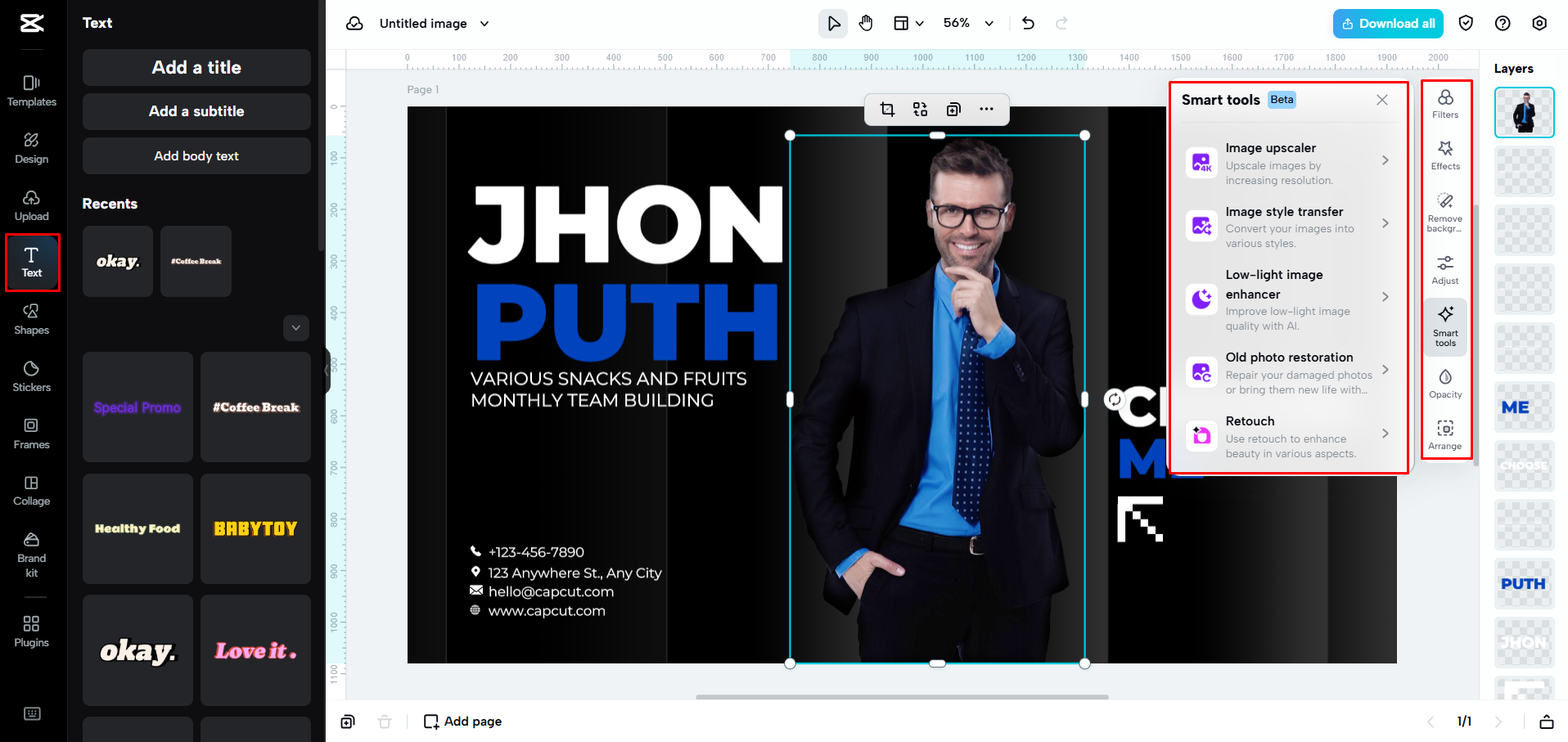 Customizing the business card template in CapCut Web