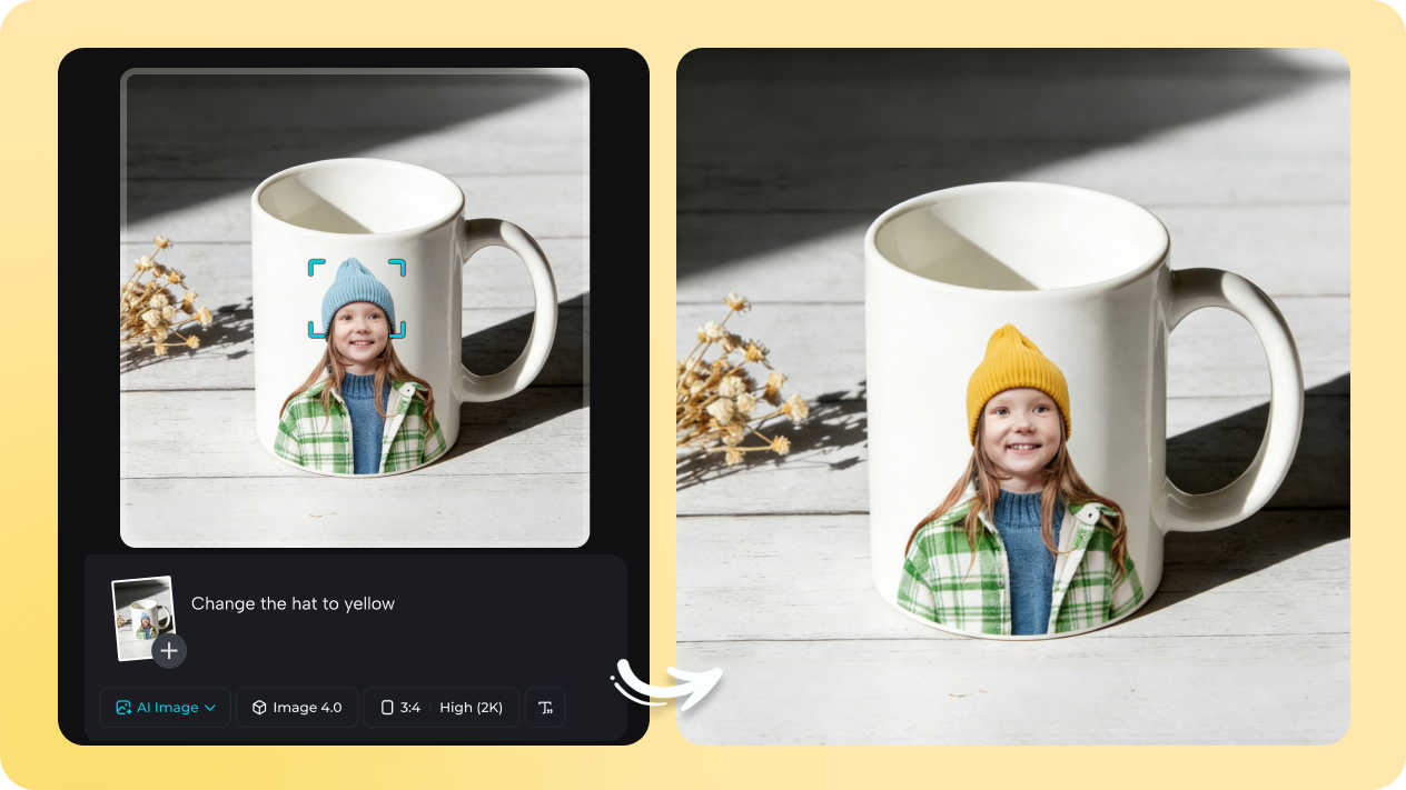 Refina el diseño de tu taza con edición inteligente de IA