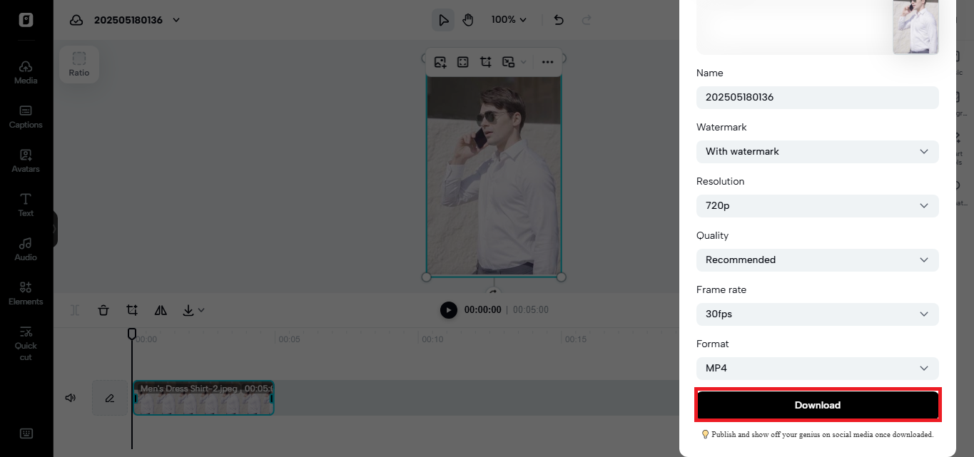 Download button in Pippit's video editor