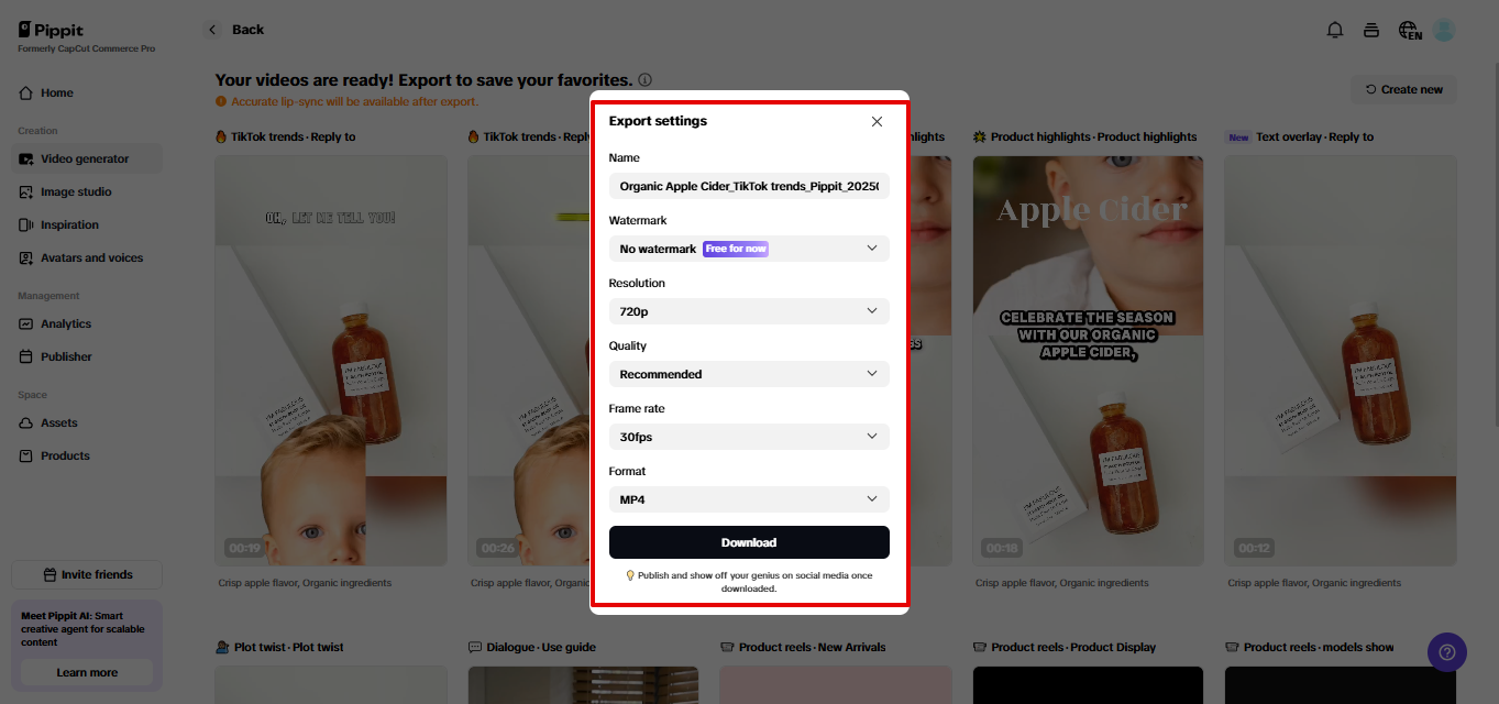 Exporting AI baby voice video from Pippit