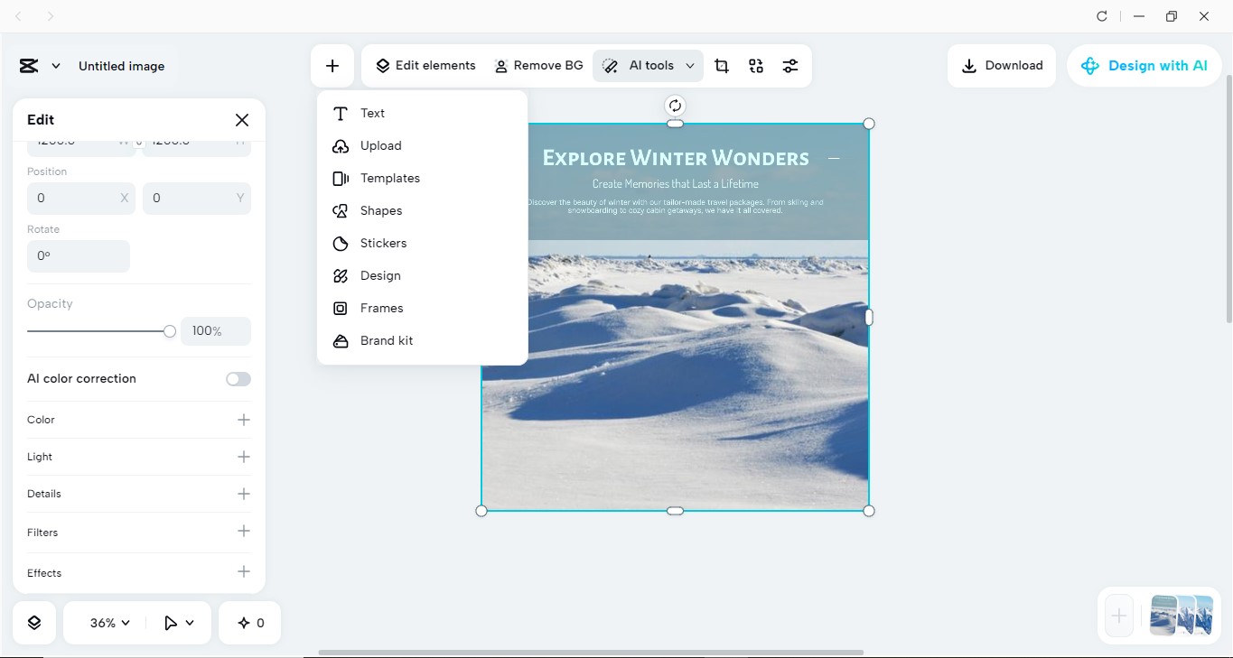Editing the interface of CapCut to make winter Facebook cover photos