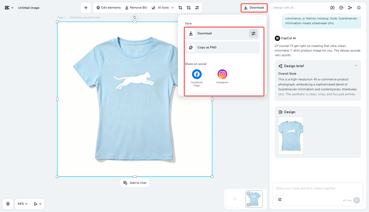 Exporting the t-shirt design in CapCut