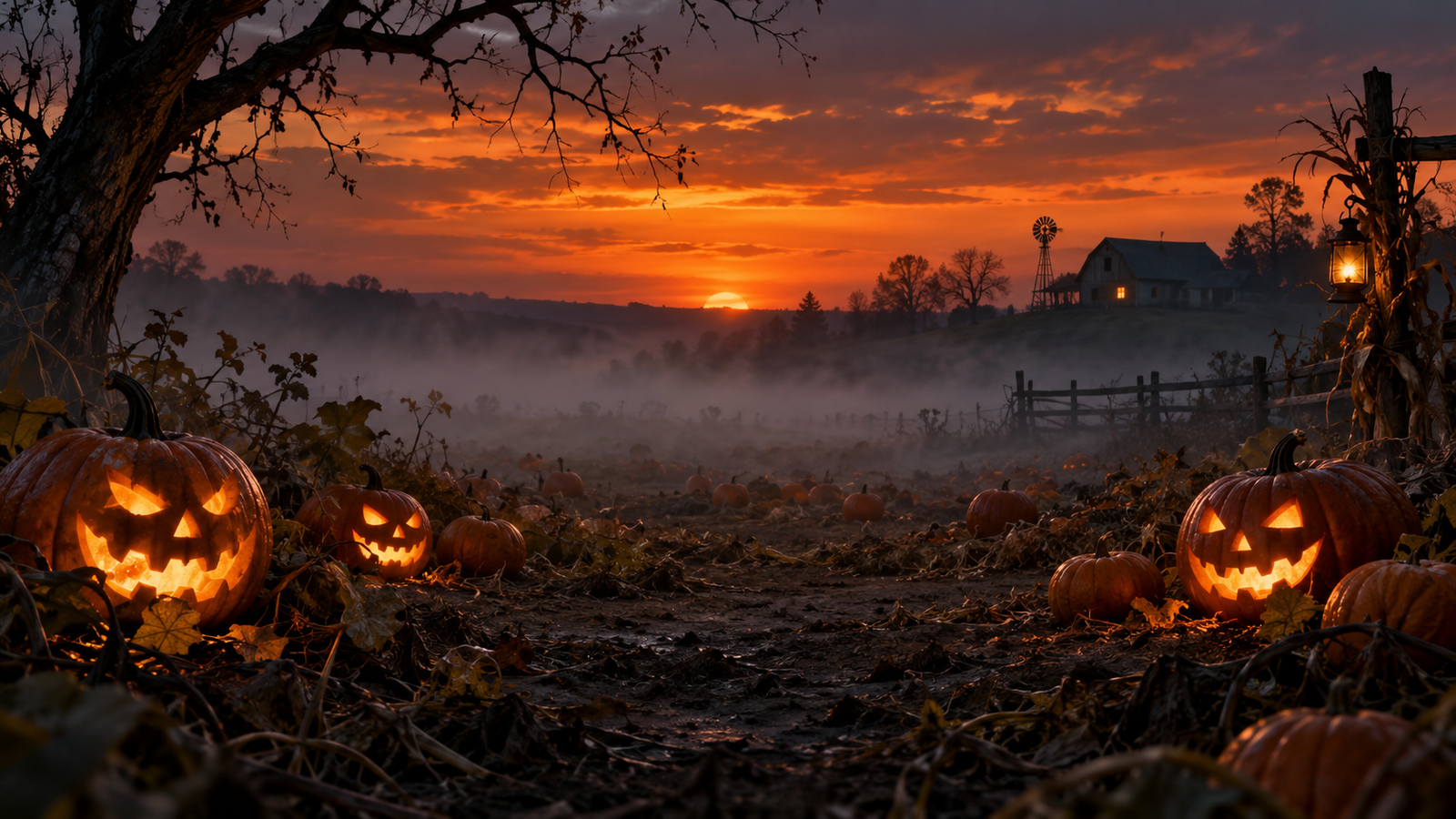 Pumpkin field backdrop: Empty pumpkin field at dusk with fog and glowing jack-o-lanterns, clear center space