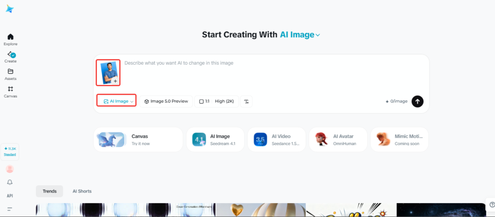 Acessando o recurso \"Imagem AI\" na Dreamina