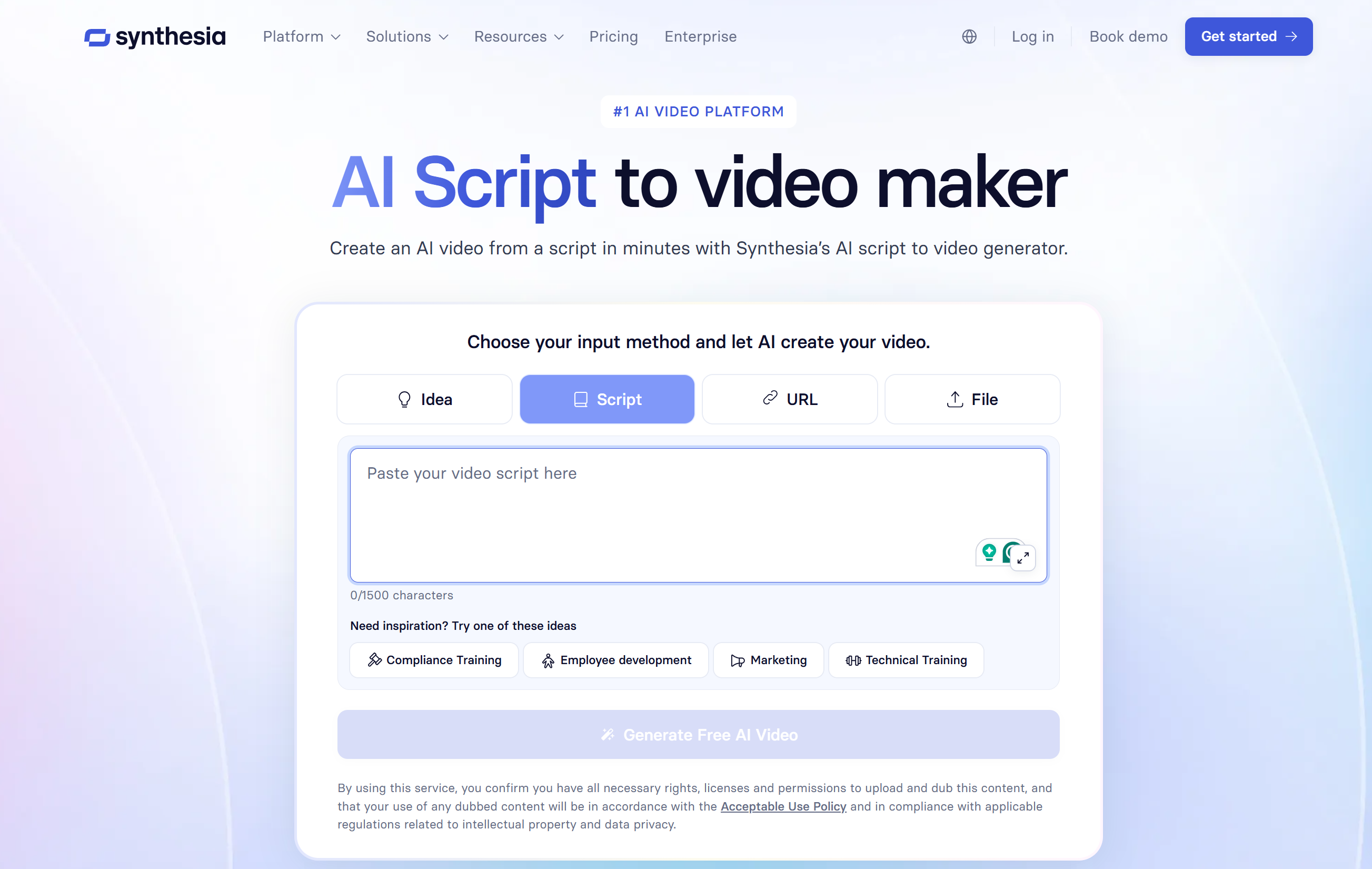 Interface of Synthesia — free AI script to video generator