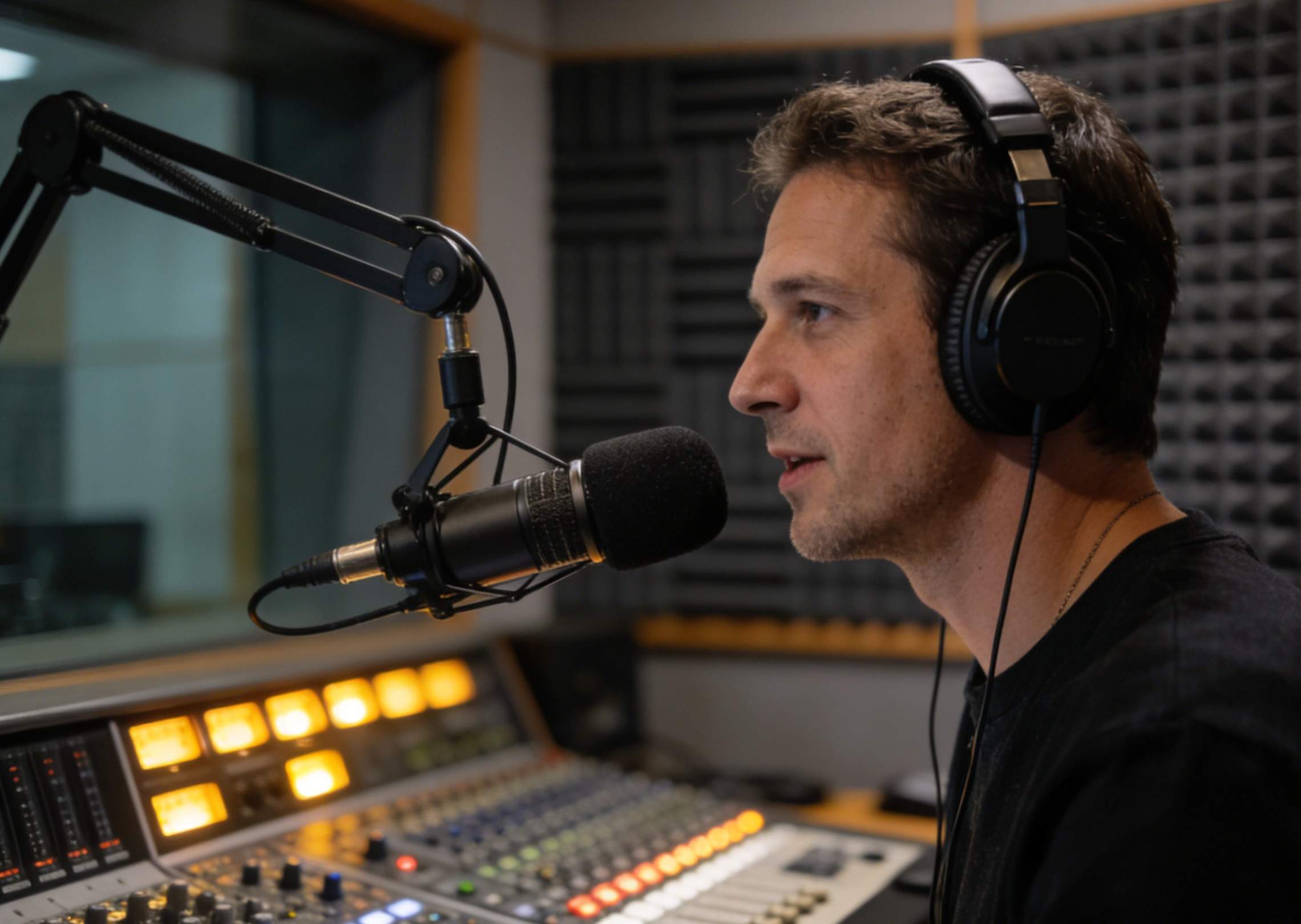 O înregistrare audio difuzată profesional într-un studio de radio modern