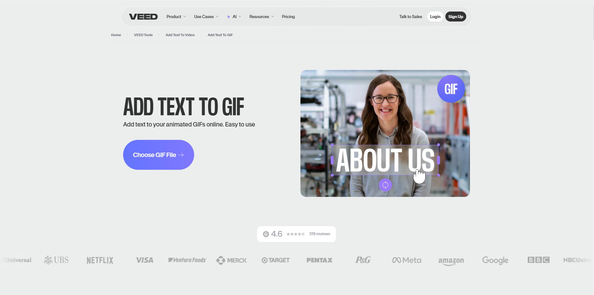 อินเทอร์เฟซของVEED.IO - เครื่องมือที่ใช้งานง่ายในการเขียนบน GIF