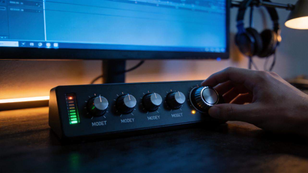 Hand adjusting an audio mixer with level lights beside a computer monitor