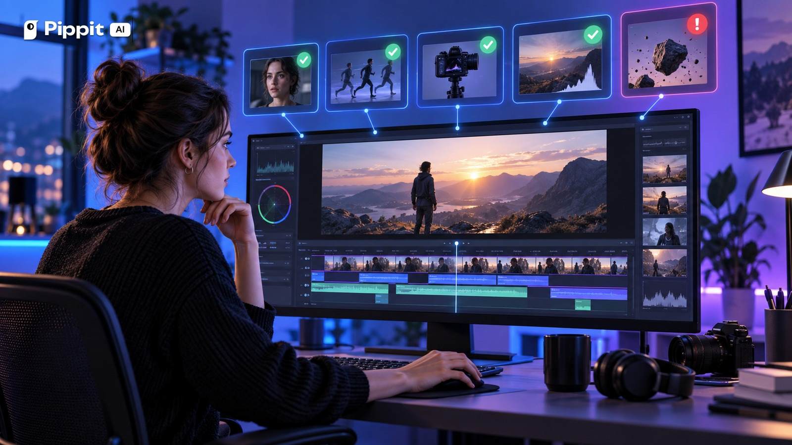 A video creator reviews an AI video timeline with diagnostic panels and resolved issue markers.