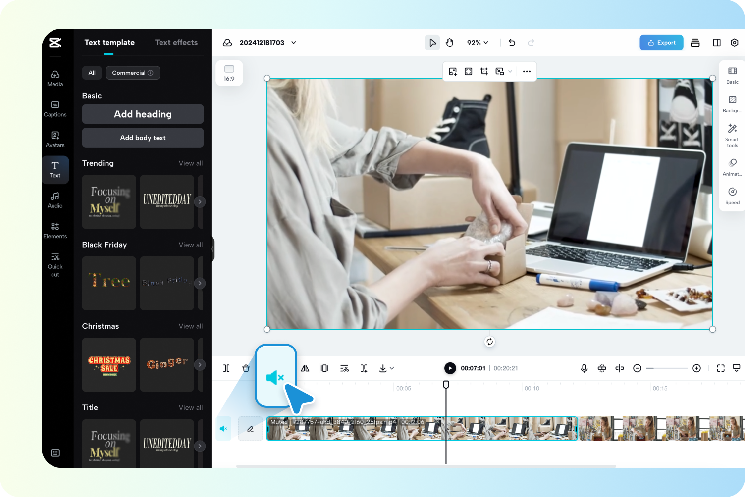 description=Pippit's multi-track video editor interface. The video clip is on the timeline, and the user is clicking an 'Detach Audio' button, which creates a separate audio track below the video track.