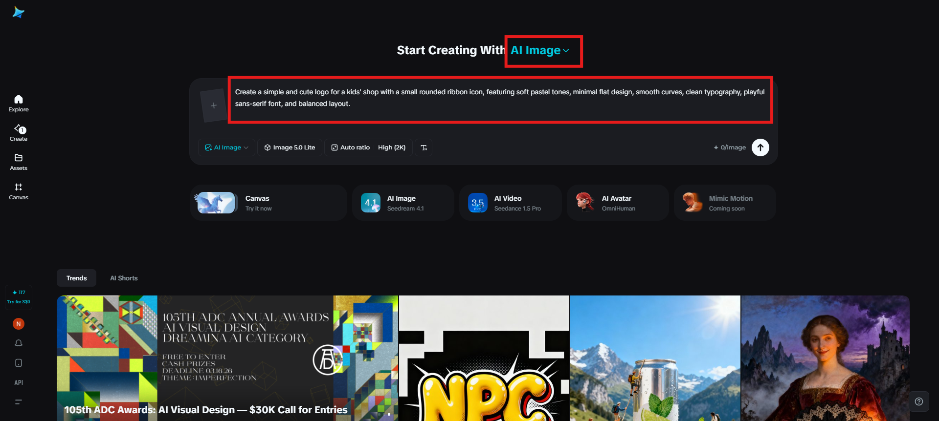 Vá para Dreamina e insira um prompt de texto