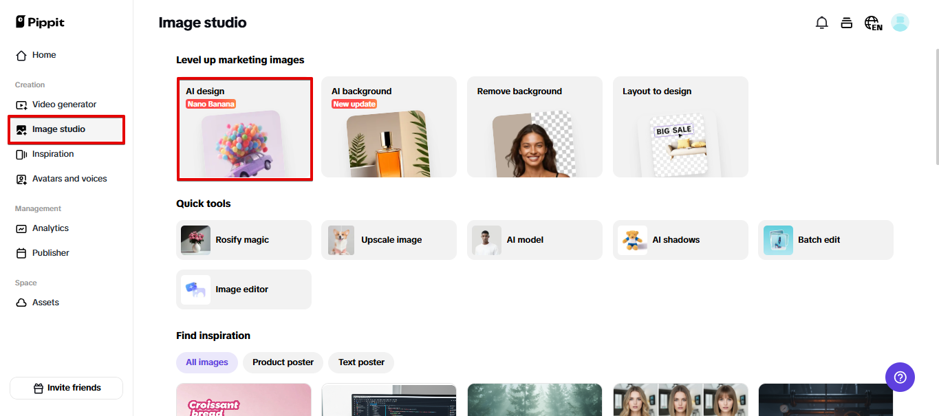 Acessando design por IA na Pippit