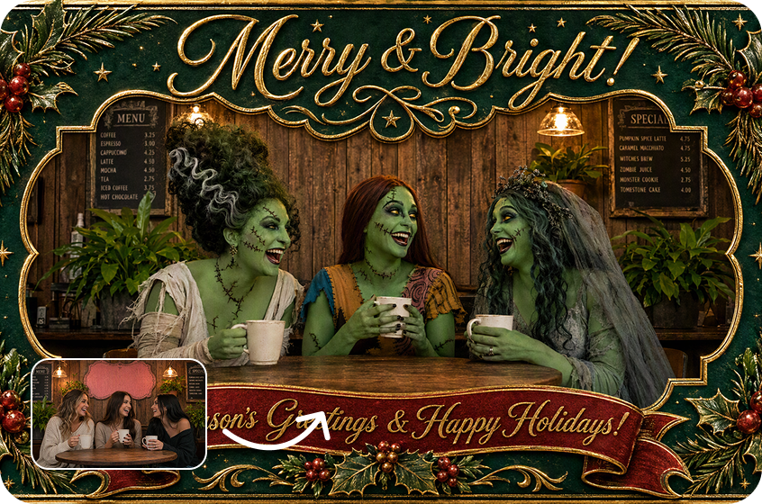 A holiday greeting card with family members transformed into Grinch characters