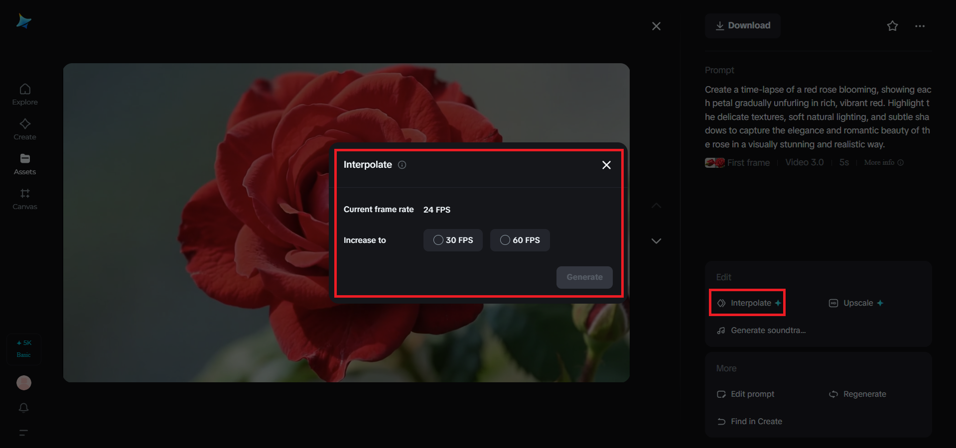 Tính năng nội suy trong Dreamina
