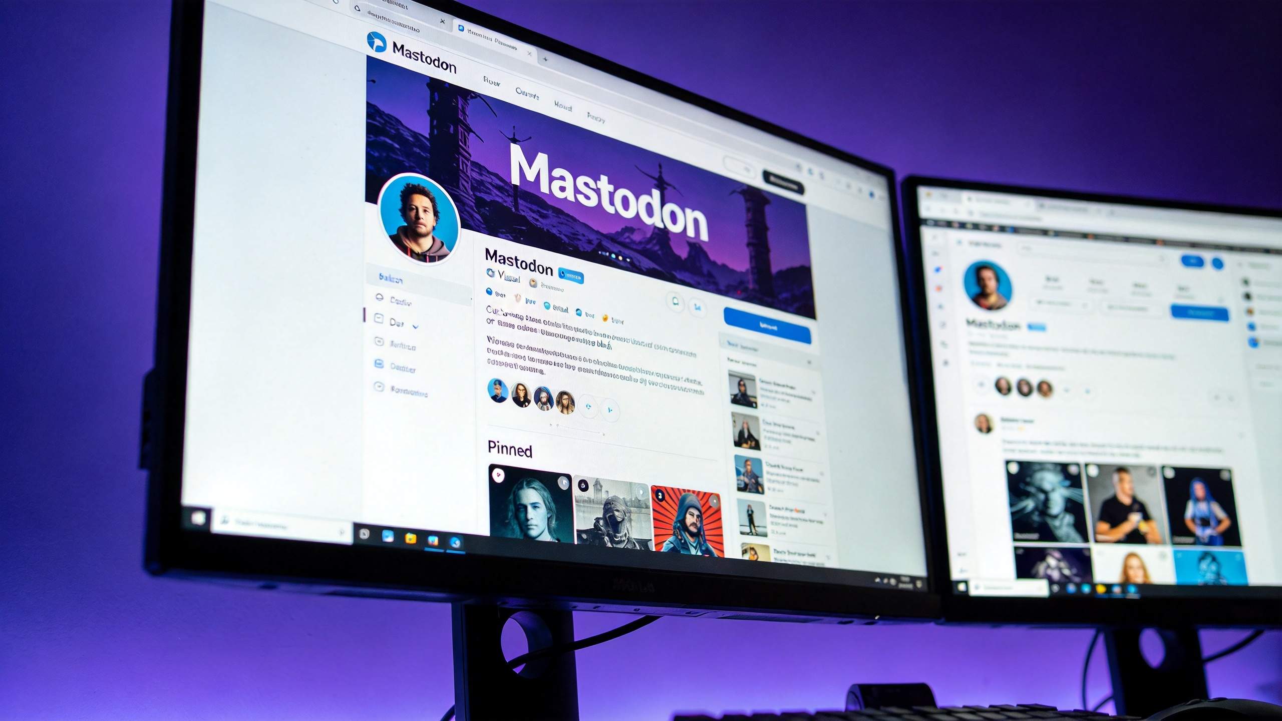 Dual monitors display Mastodon profile pages with a large purple header banner and profile photos.