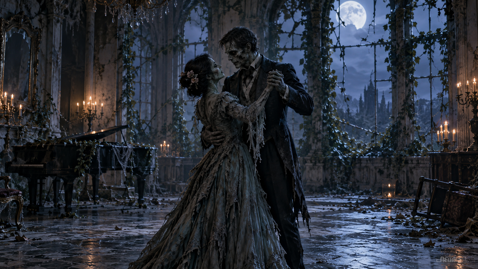 A Dance In The Empty Ballroom example for zombie love story ai video generator