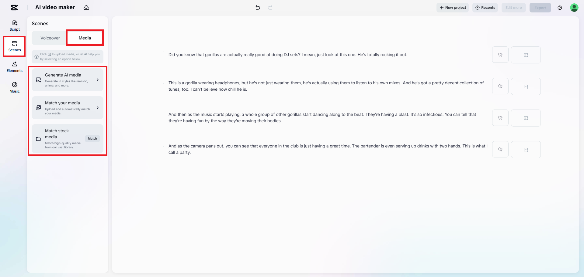 Select the way you want to add media to your video