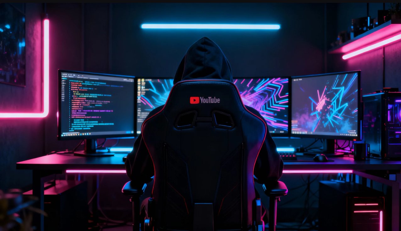 Banner de juegos futurista con luces de neón