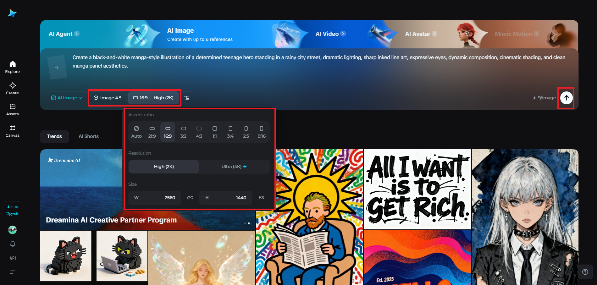 Select the model and adjust generation settings