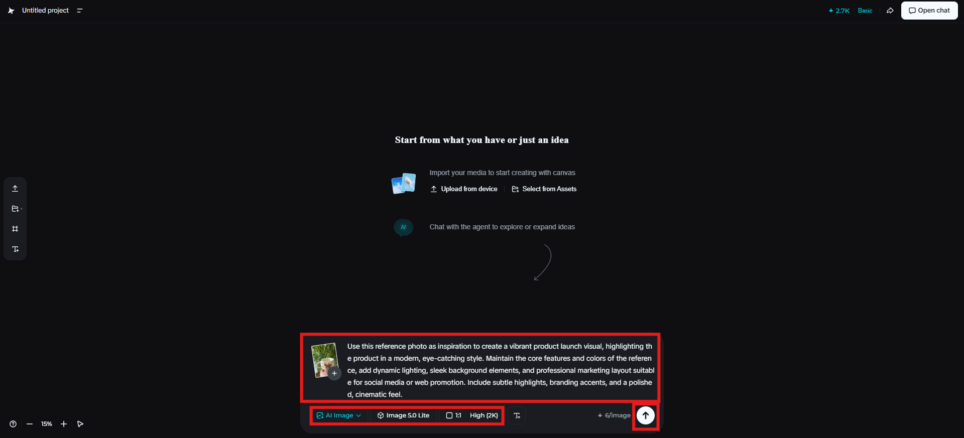Write a prompt and choose settings from the bottom panel