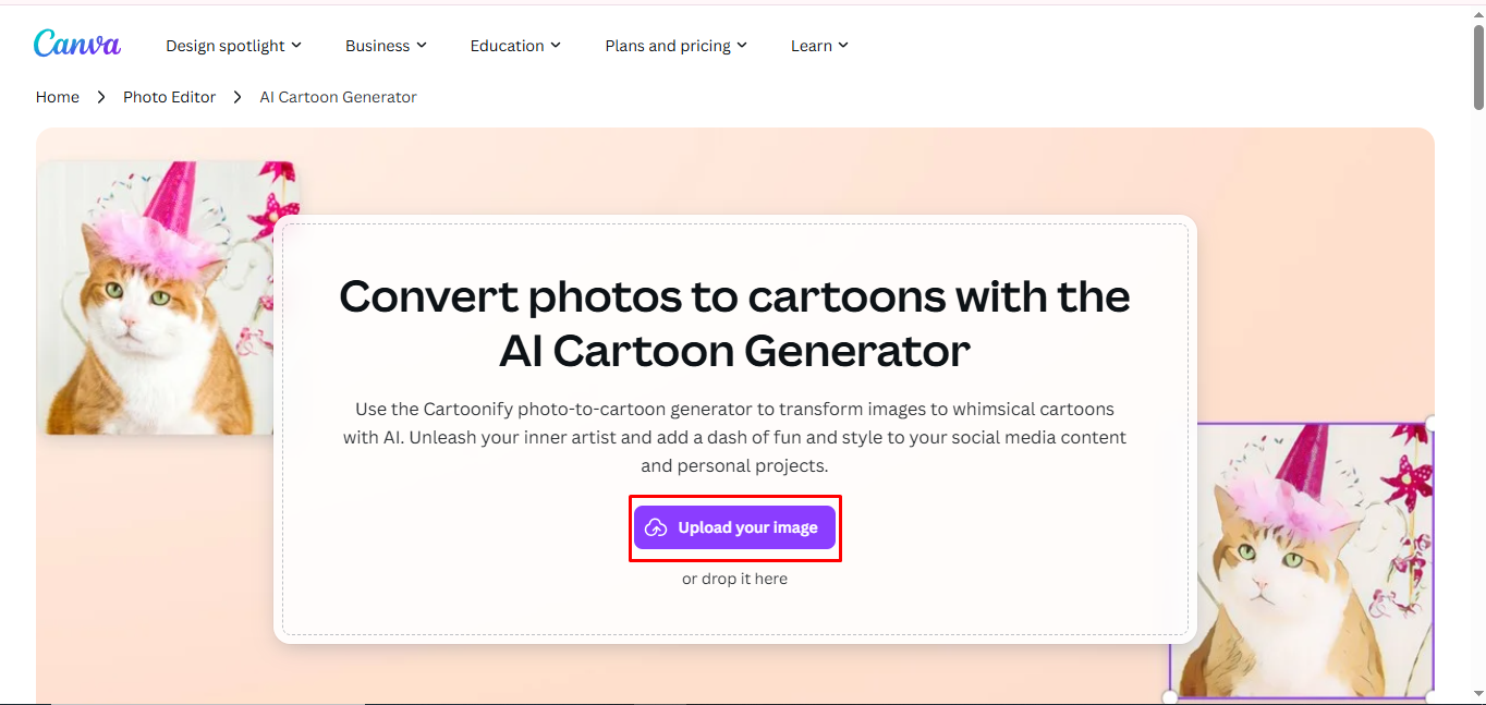 Uploading a photo to Canva’s 3D cartoon photo editor tool.