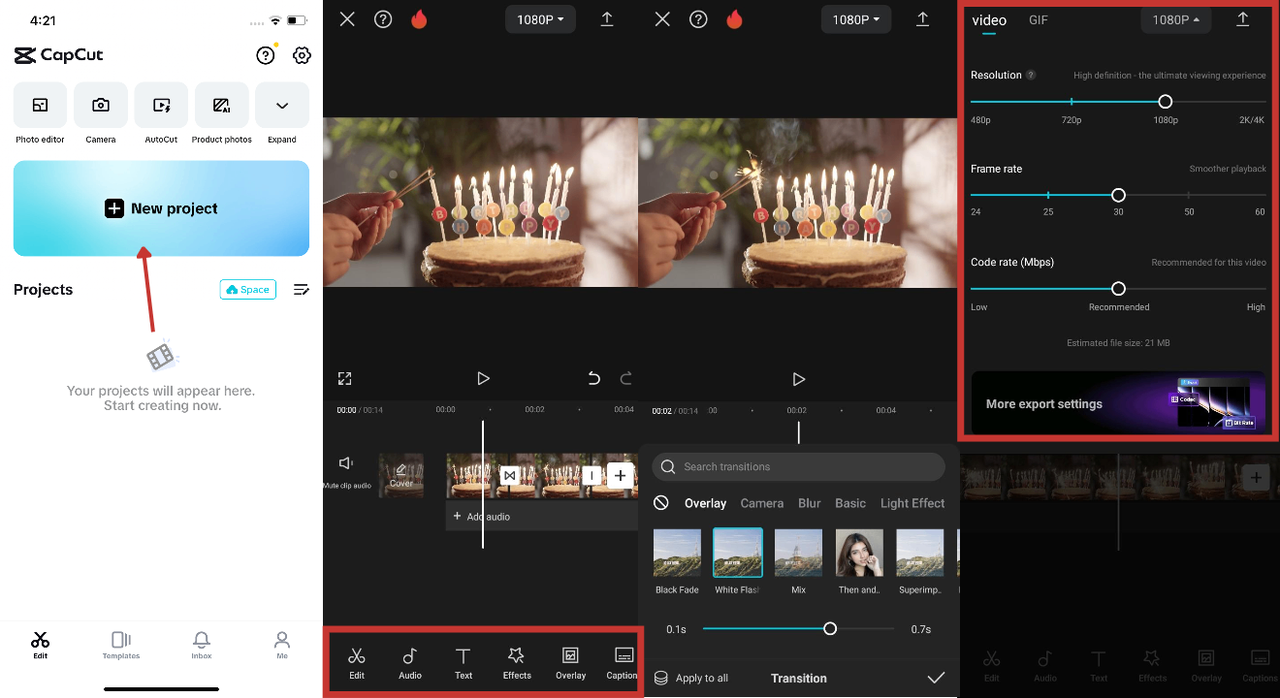 CapCut video editing interface na may halimbawa ng birthday video
