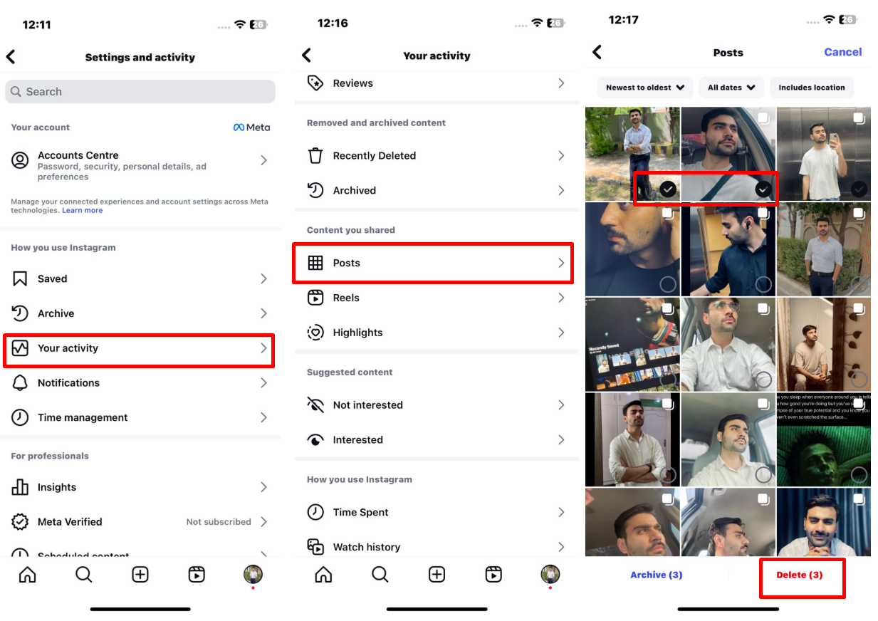 Изображение, показывающее, как удалить несколько фотографий Instagram на iPhone