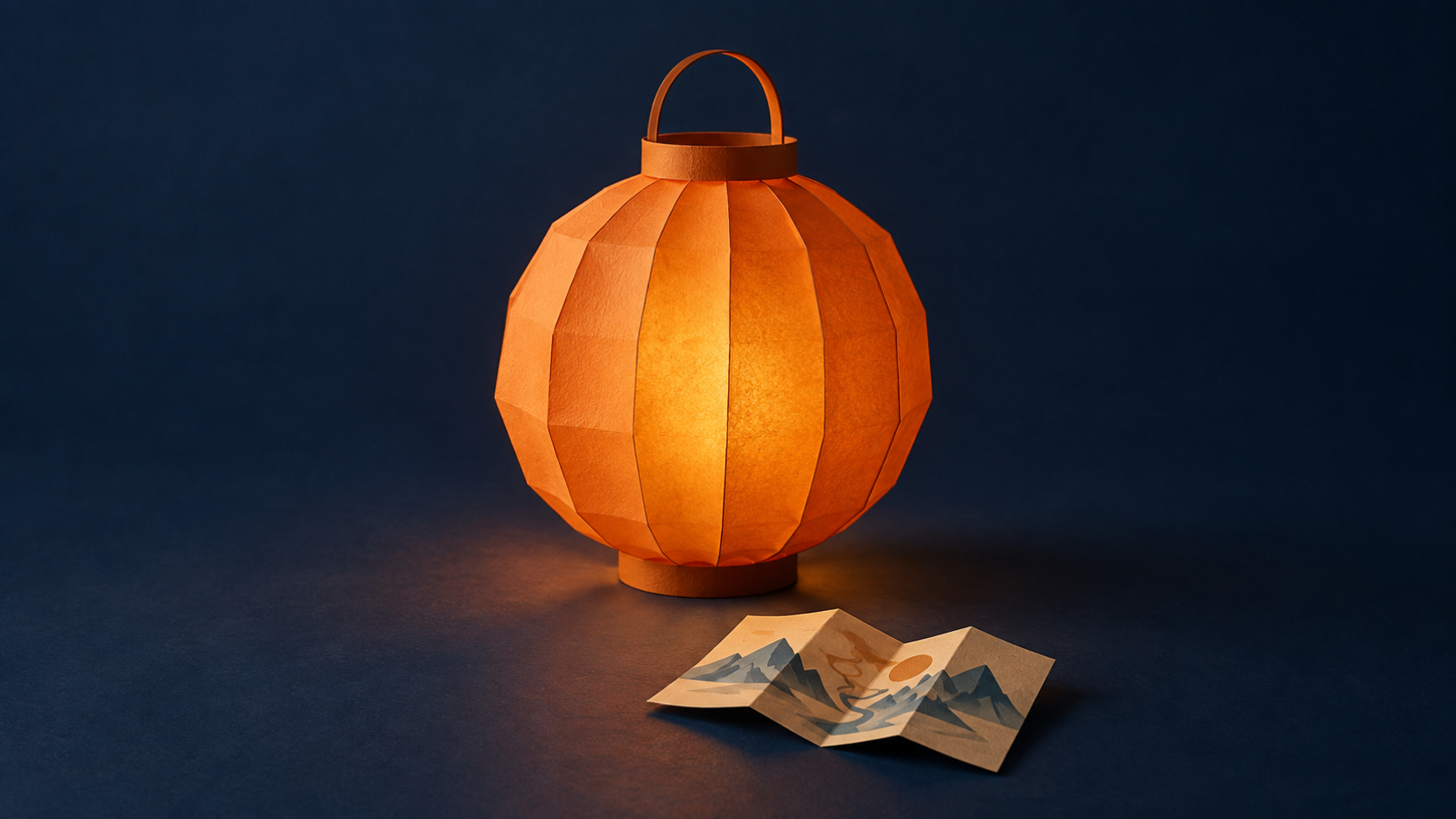 A paper-sculpture composition with one large focal lantern, one small supporting map, and generous empty space