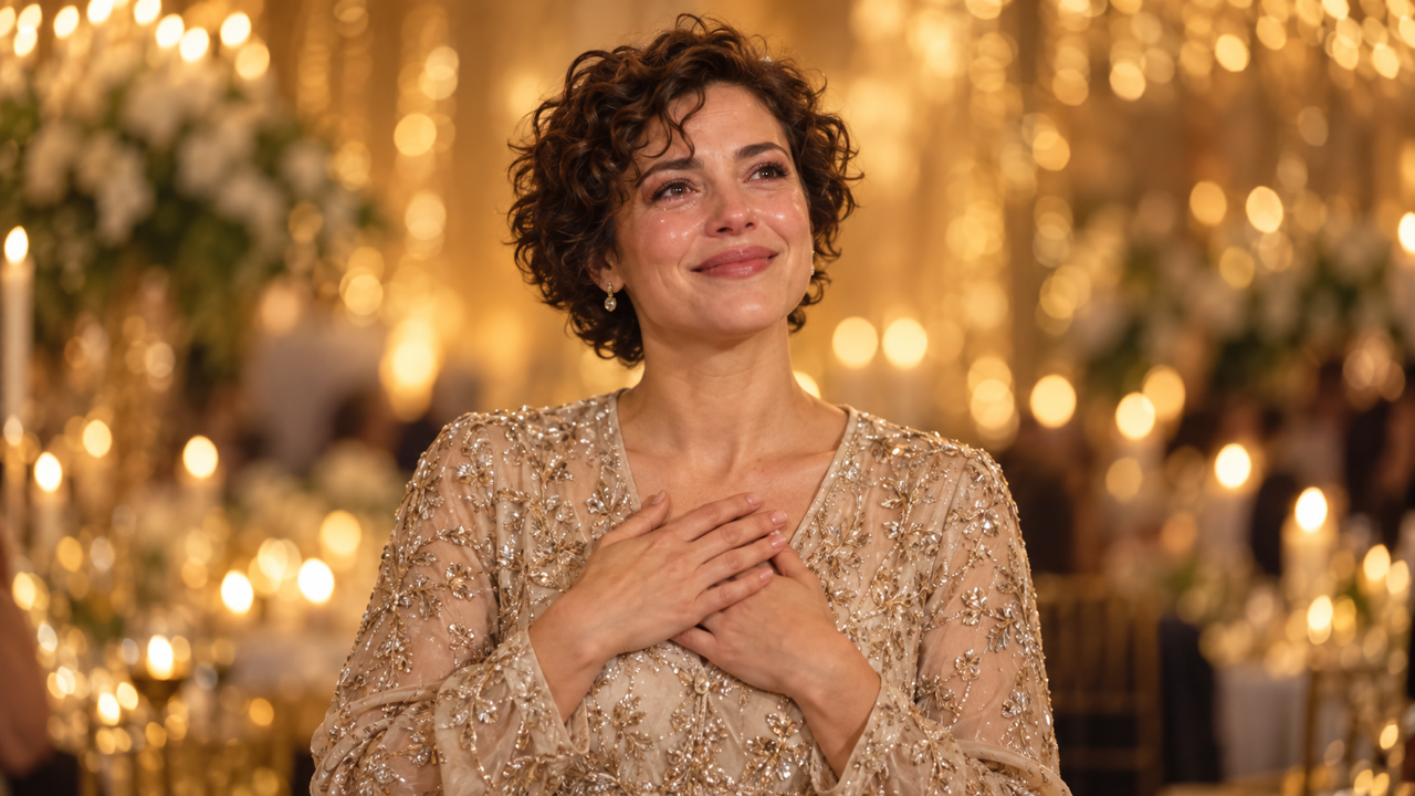Donna adulta originale con capelli corti ricci, lacrime felici e ampio sorriso gentile, mani leggermente vicine al petto, guardaroba dai toni champagne, bokeh celebrativo dorato, primo piano cinematografico intimo, 16: 9.