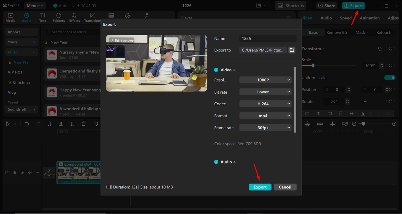 Exporting video from the CapCut desktop video editor