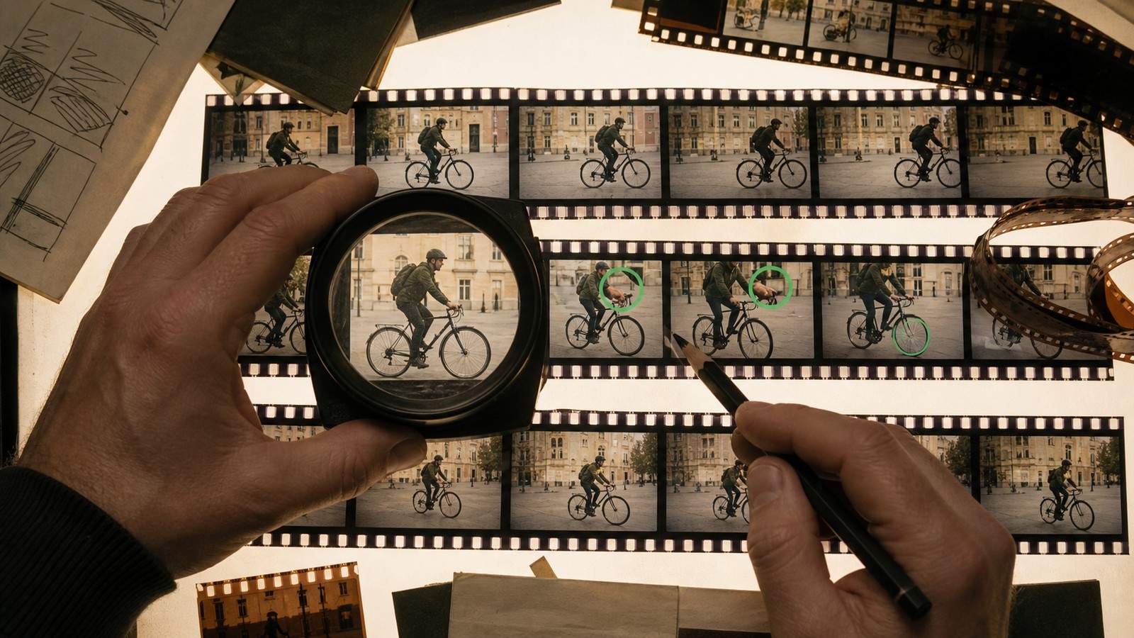 Hands inspect film strips of a cyclist frame by frame with a magnifying glass and pencil