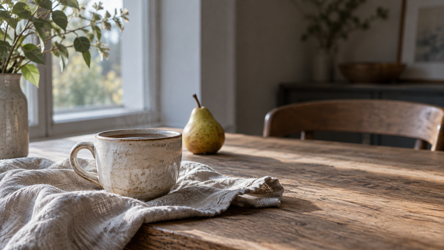 A ceramic cup, linen, pear, and oak table showing distinct material behavior in one window light
