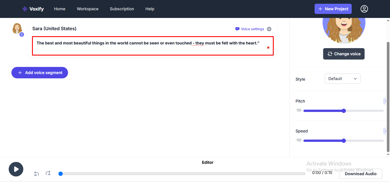 Eingabe eines Skripts zur Sprachkonvertierung auf Voxify