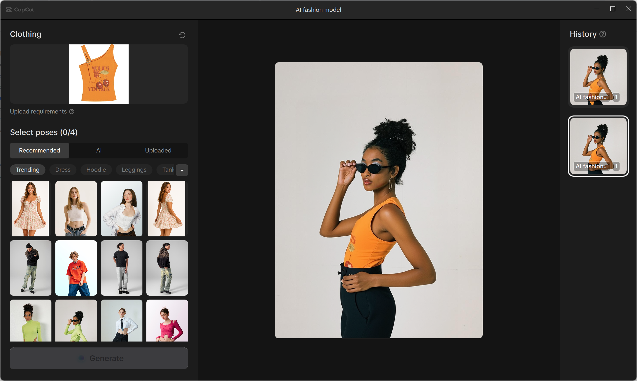Rozhraní editoru videa CapCut - jeden z nejlepších editorů fotografií oblečení