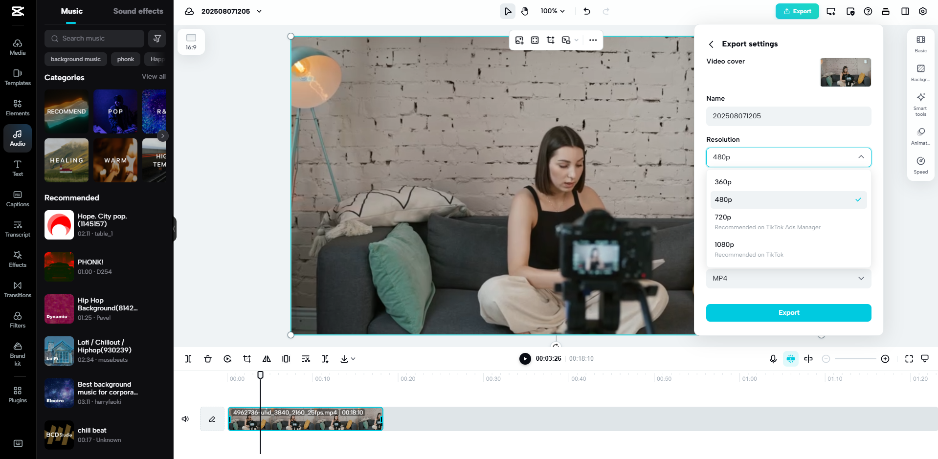 Oberfläche von CapCut Web - ein Online-Videokompressor und -Editor