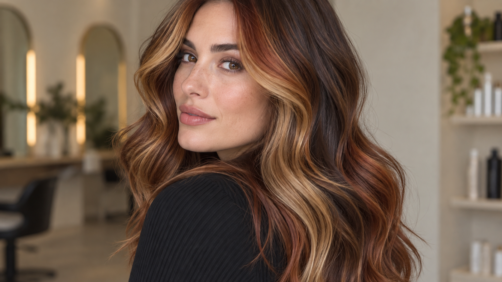 a realistic multi-tonal hairstyle with copper, honey blonde, and deep brown sections