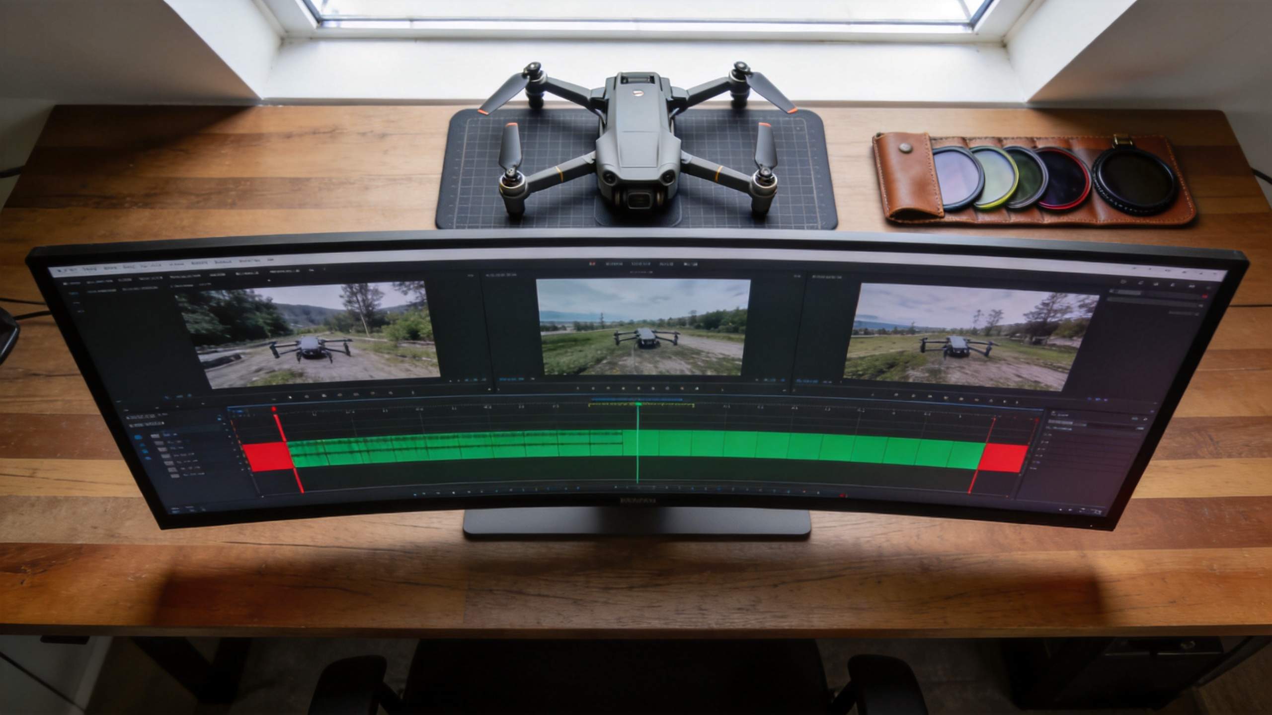 Curved monitor showing drone video editing timeline with a drone on the desk above it