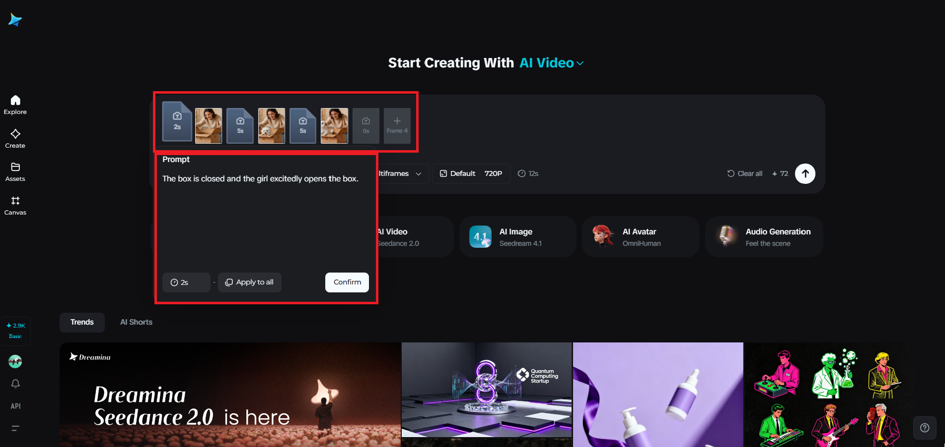 Recurso de multiframes em Dreamina