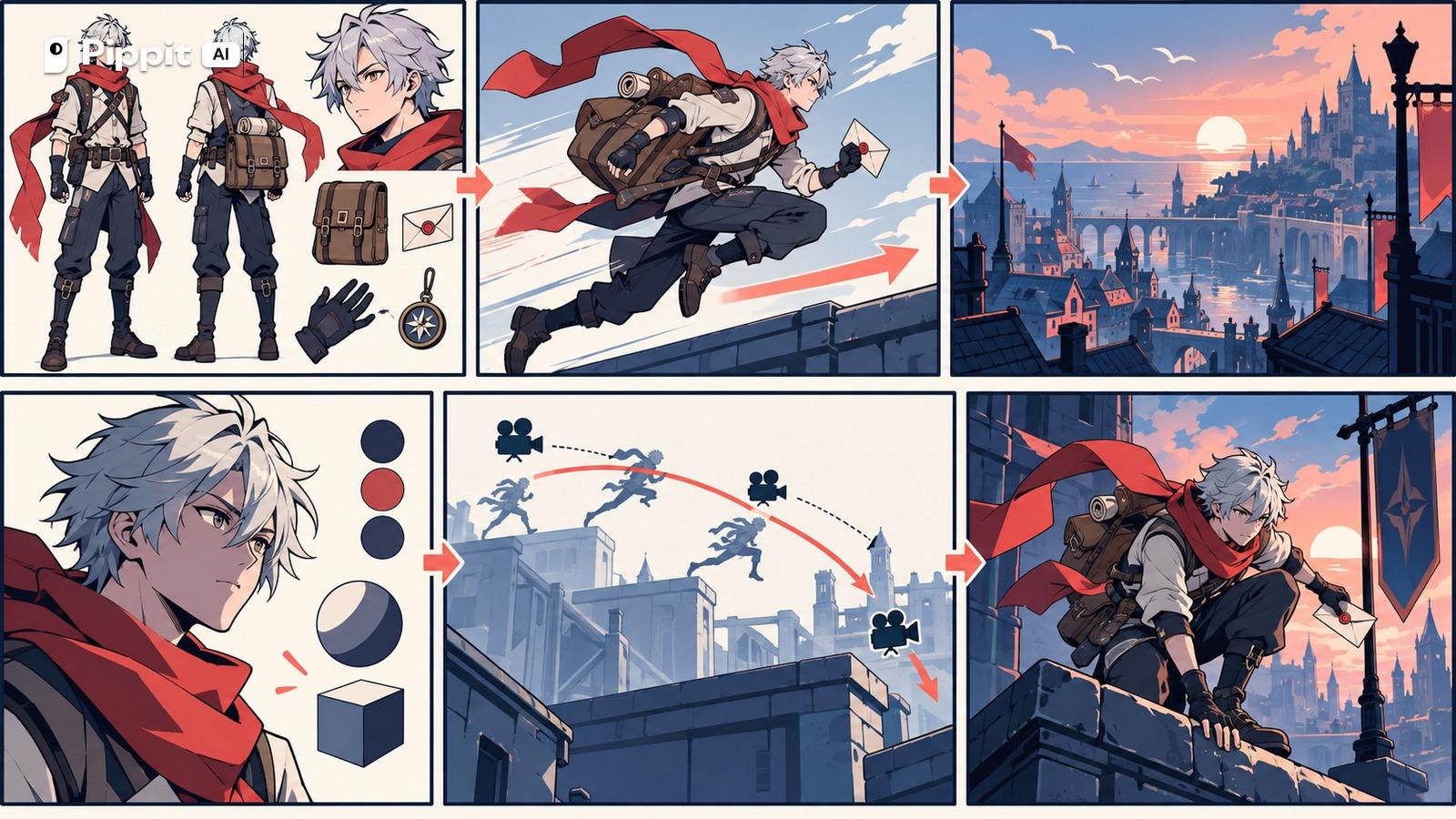 An original anime storyboard visualizes character, action, setting, style, camera path, and ending frame.