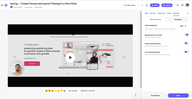 Interface of Loom - another free unlimited screen recorder for PC